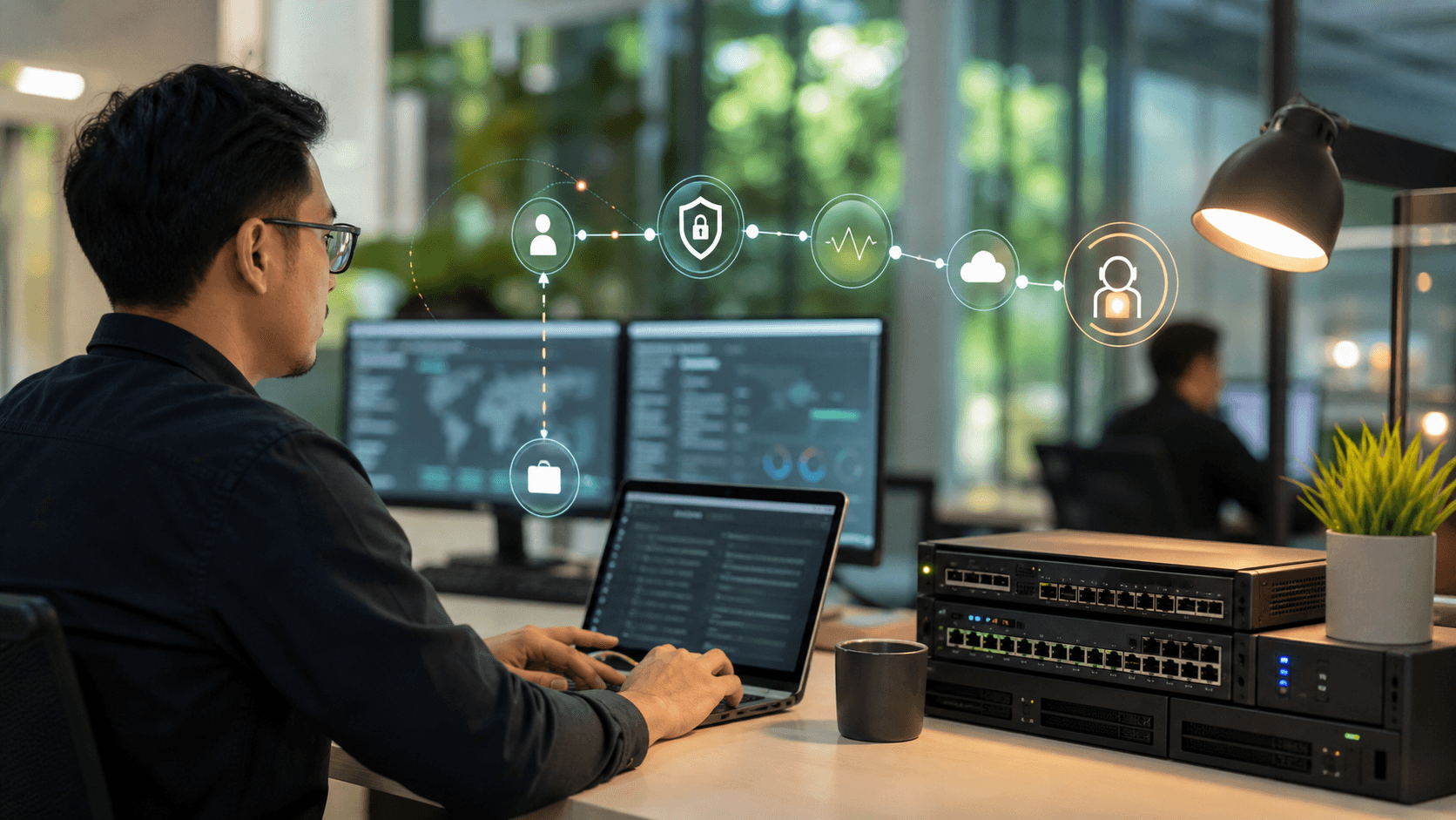 Editorial image showing Indonesian managed-cloud operations, access control and vendor handoff for Cloud Teknologi Nusantara.