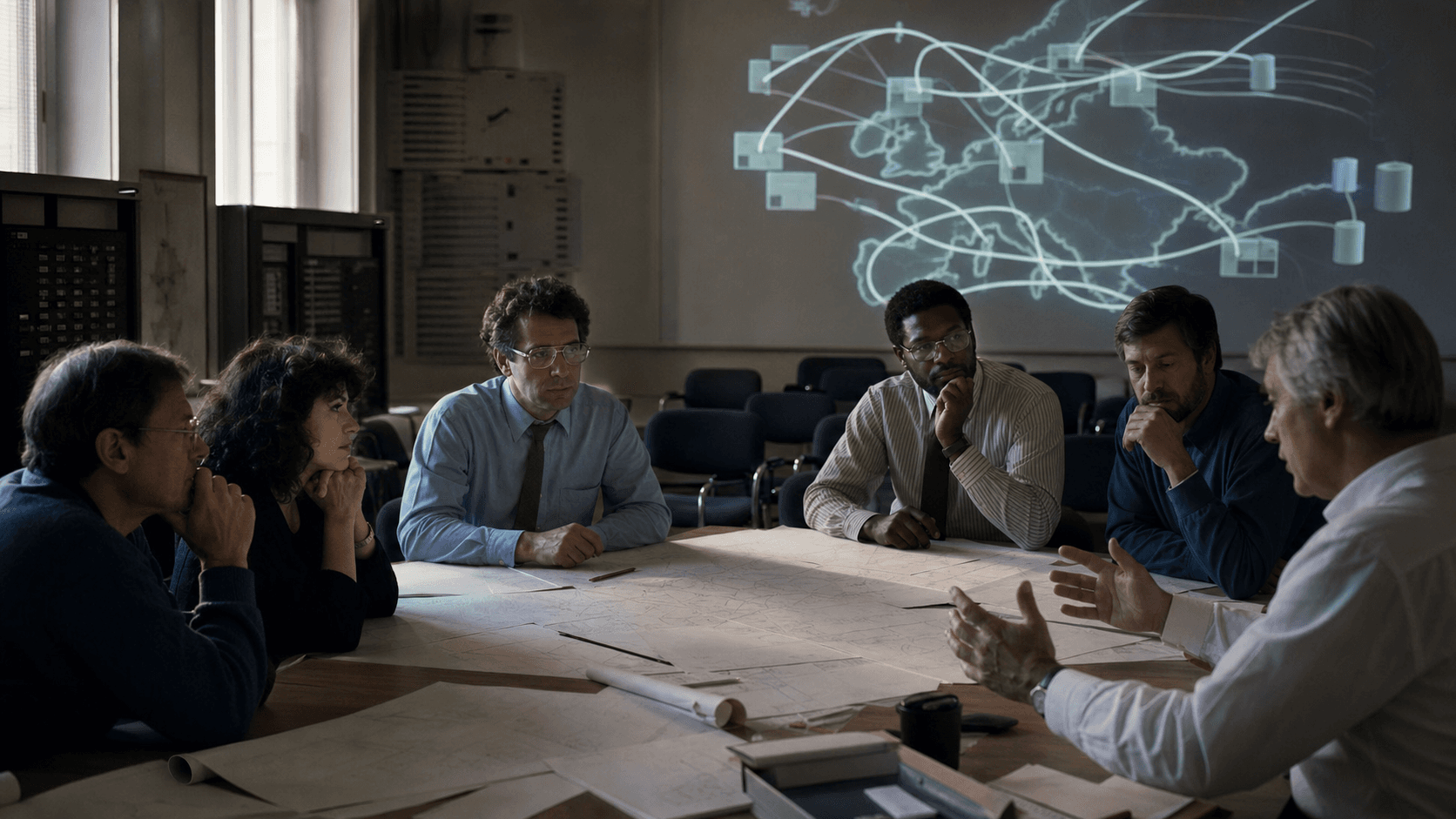 A small group of early network engineers gathers around archival correspondence and an abstract map of connected European institutions.