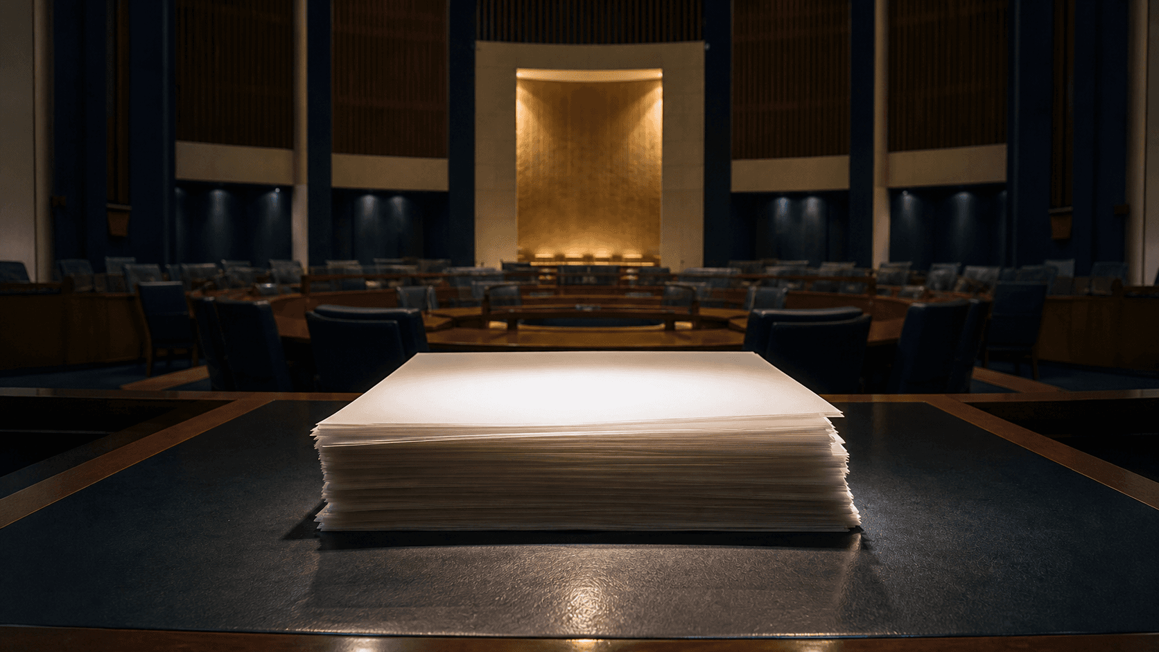A repeatedly revised policy document remains under light in an emptied African conference hall while a review chamber stays active beyond it.