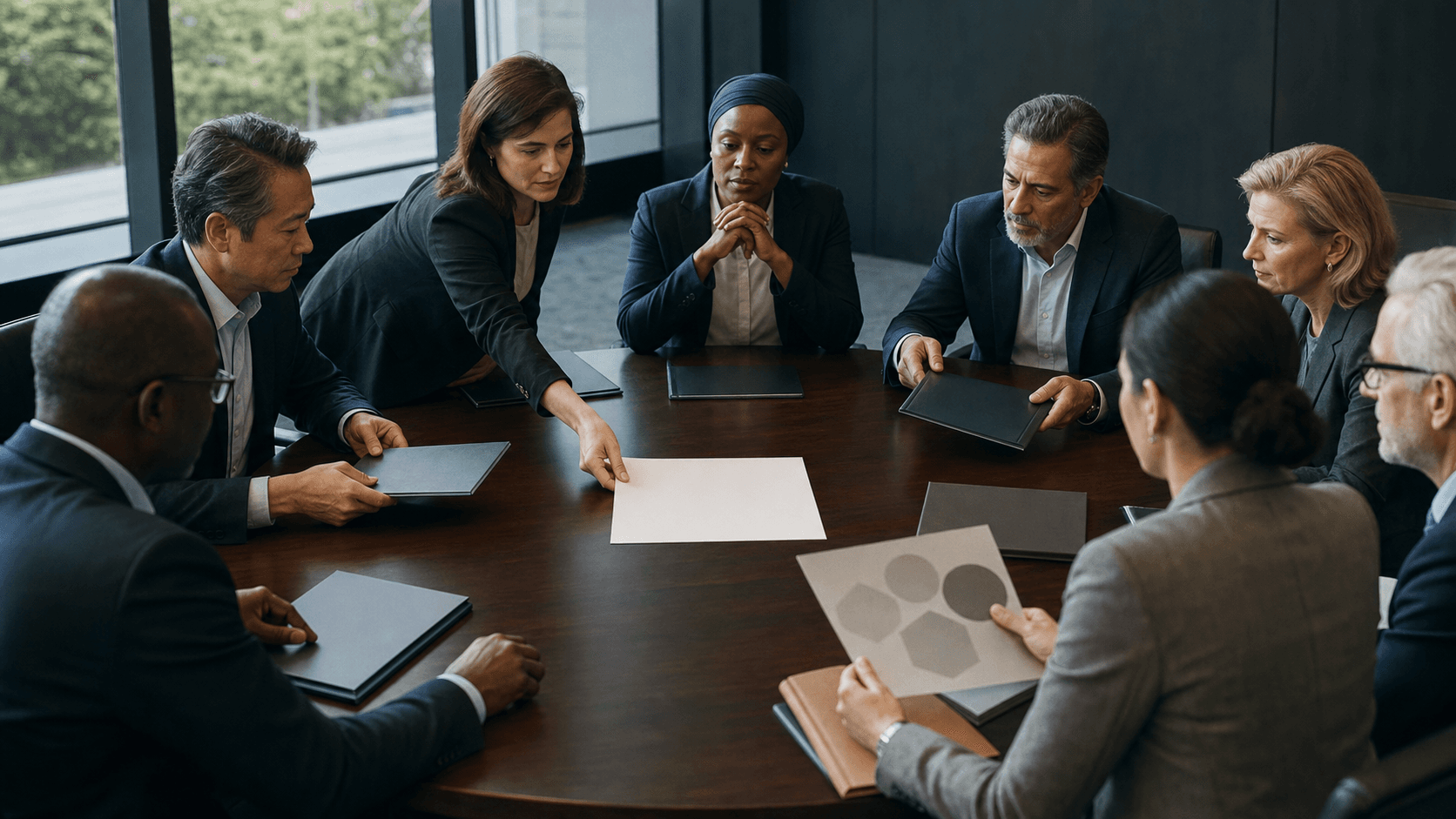 A diverse policy group gathers around an empty central drafting table while one entity places the first sheet and others prepare evidence from different directions.