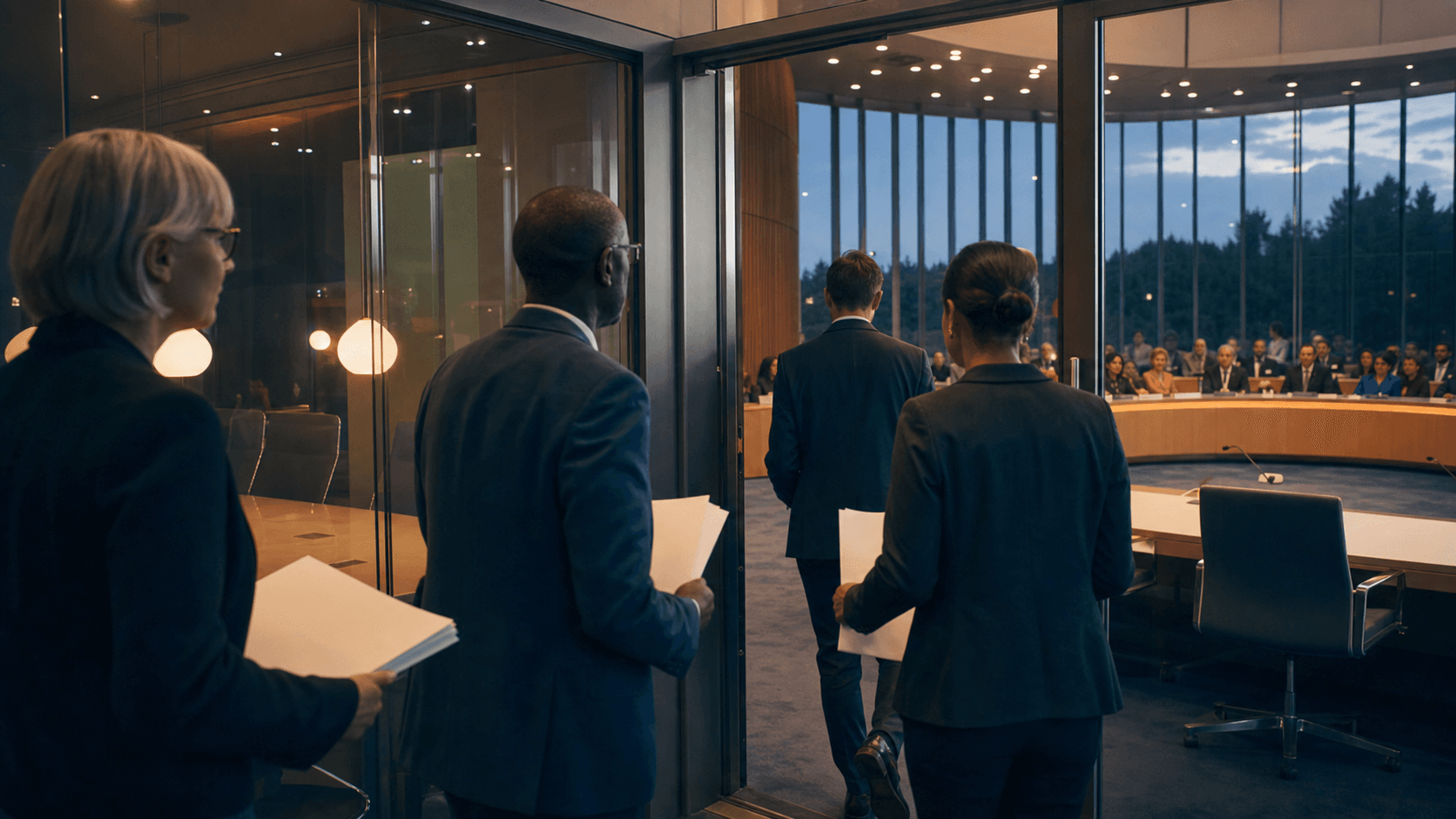 A small drafting conversation in a glass side room reconnects to a larger public forum as entities carry revised blank pages back through an open doorway.