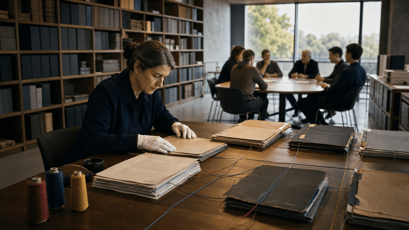An archivist studies several unfinished policy folders connected by preserved threads to a current public deliberation table.