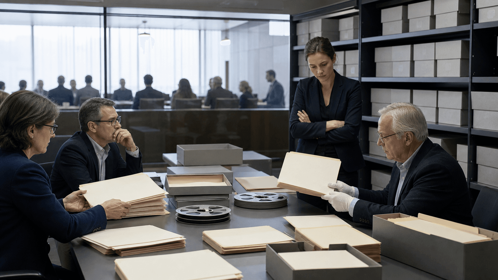 An editor and community observers compare a live public deliberation with layers of archived audio, handwritten notes and a concise official record.