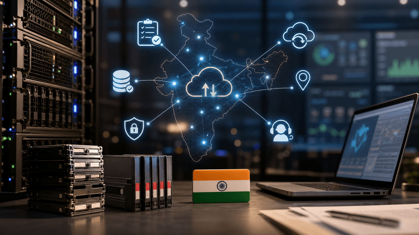 Editorial technology image for Bharath Cloud showing local cloud workload, backup, access and support records without readable text or logos.