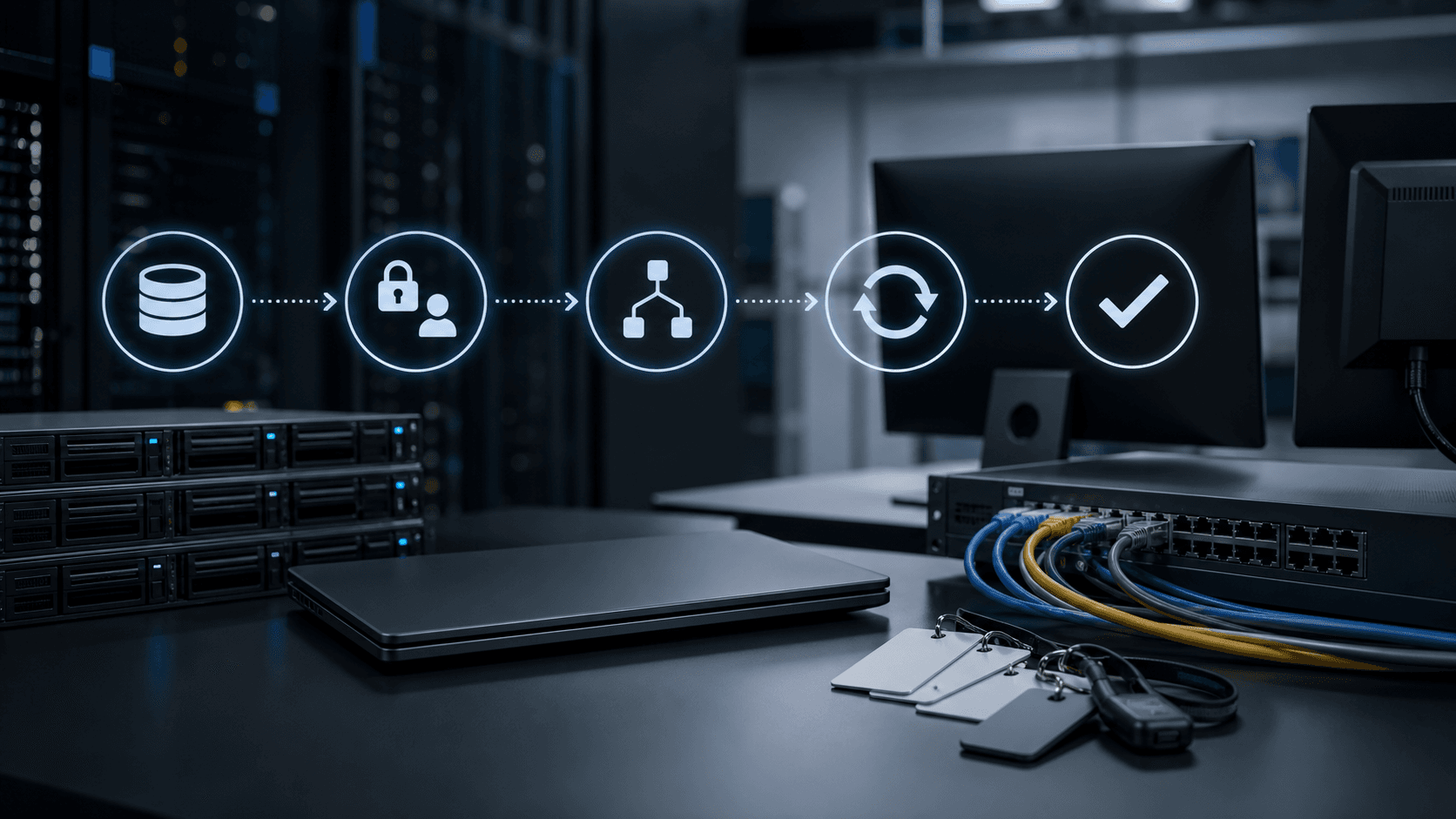 Editorial technology image for Beximco Computers showing business-system change, data migration and acceptance records without readable text or logos.