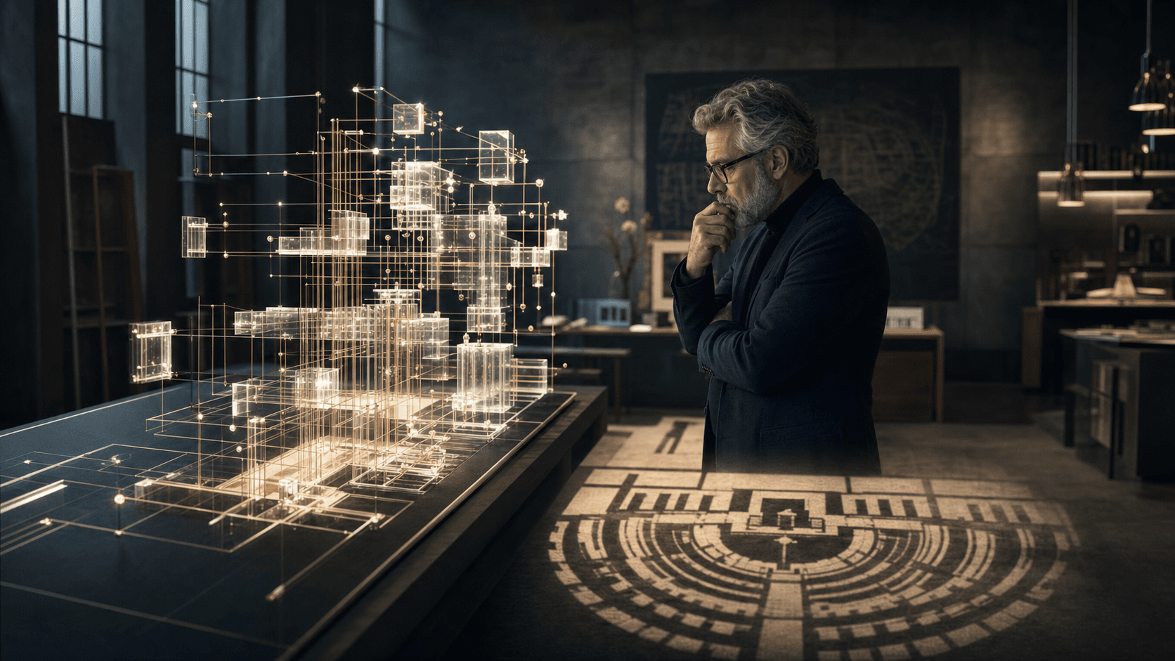 A fictional network engineer studies a precise protocol model while its lines cast the unexpected shadow of a legislative chamber across the floor.