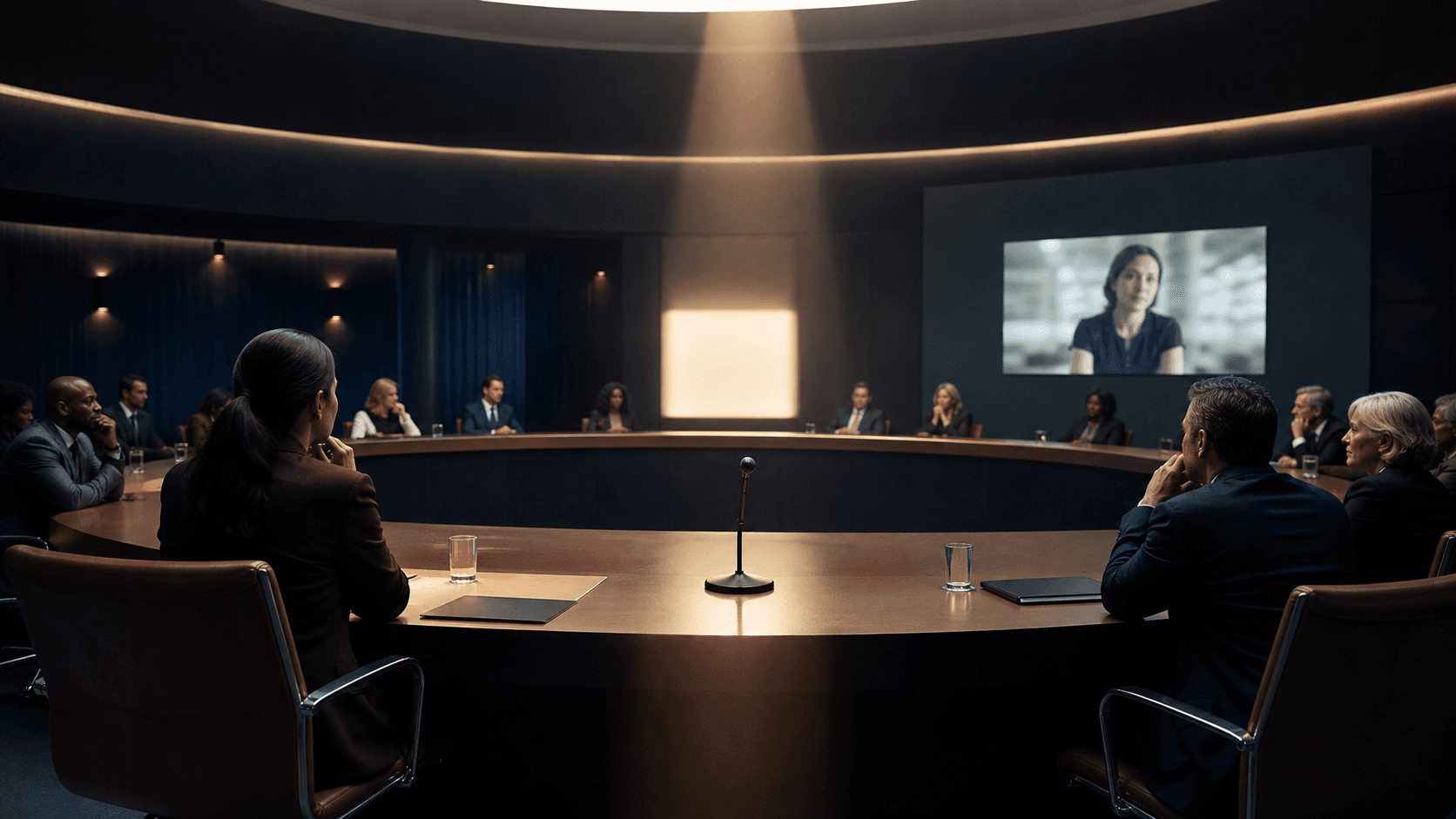 A circular policy room shares one narrow beam of light among an in-room microphone, a remote screen and several waiting fictional entities.