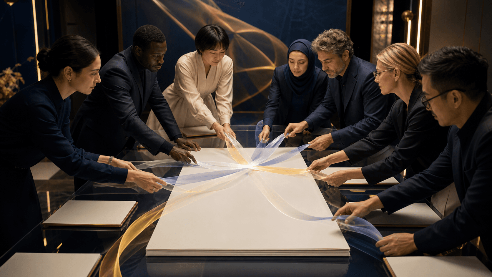 A blank policy page receives several streams of distinct scripts before one central draft takes shape, with translators working alongside rather than behind it.