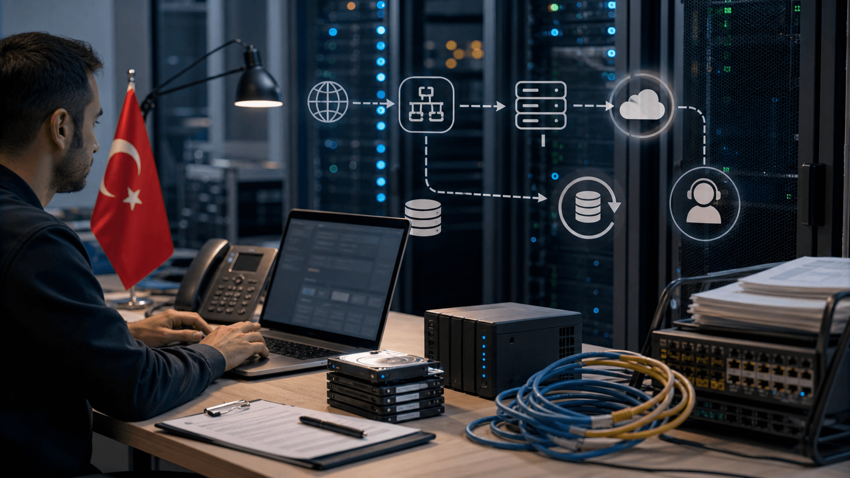 Hosting operations desk with server racks, backup drives, network cables and abstract DNS-to-support workflow icons for a Turkish hosting account record.
