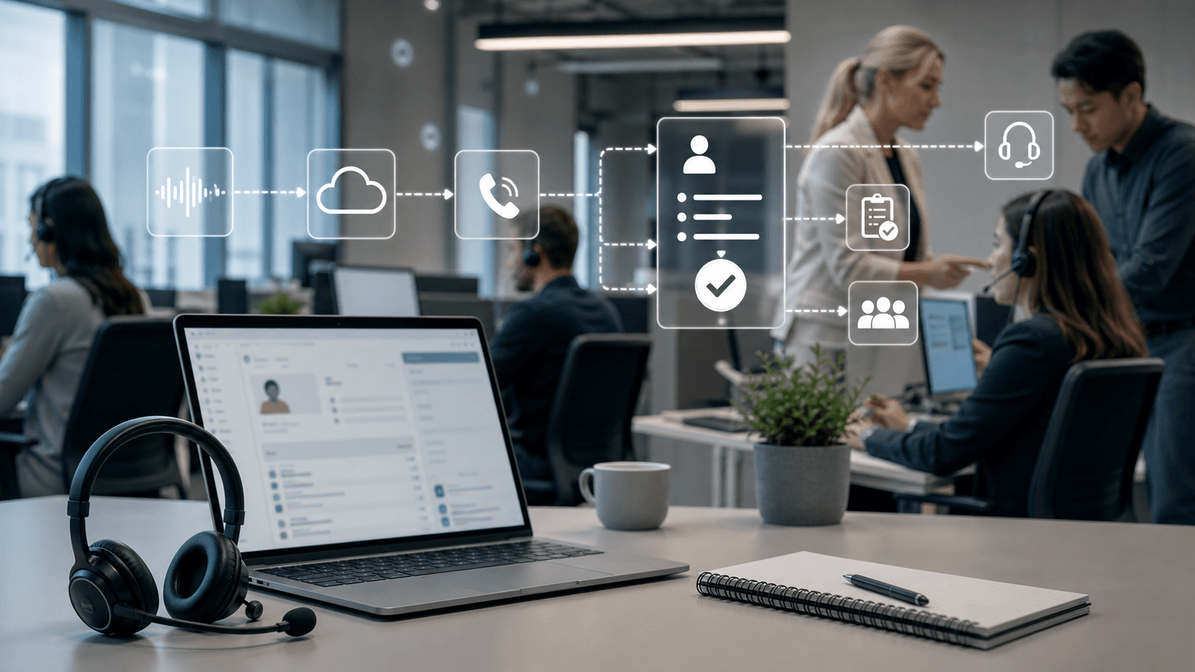 Contact-centre operations floor with headsets, blurred CRM screens and abstract call-flow symbols showing a customer interaction becoming a verified business record.