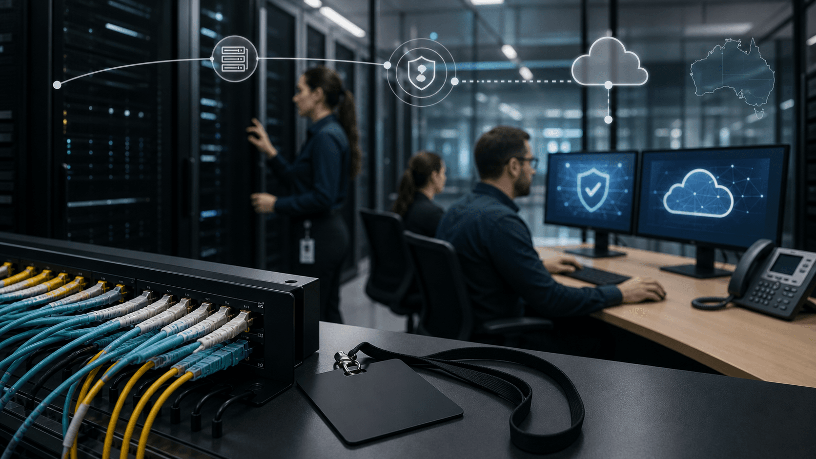 Secure data-centre operations scene with fiber patch panels, access control and abstract cloud-connectivity icons for a sovereign Australian workload record.