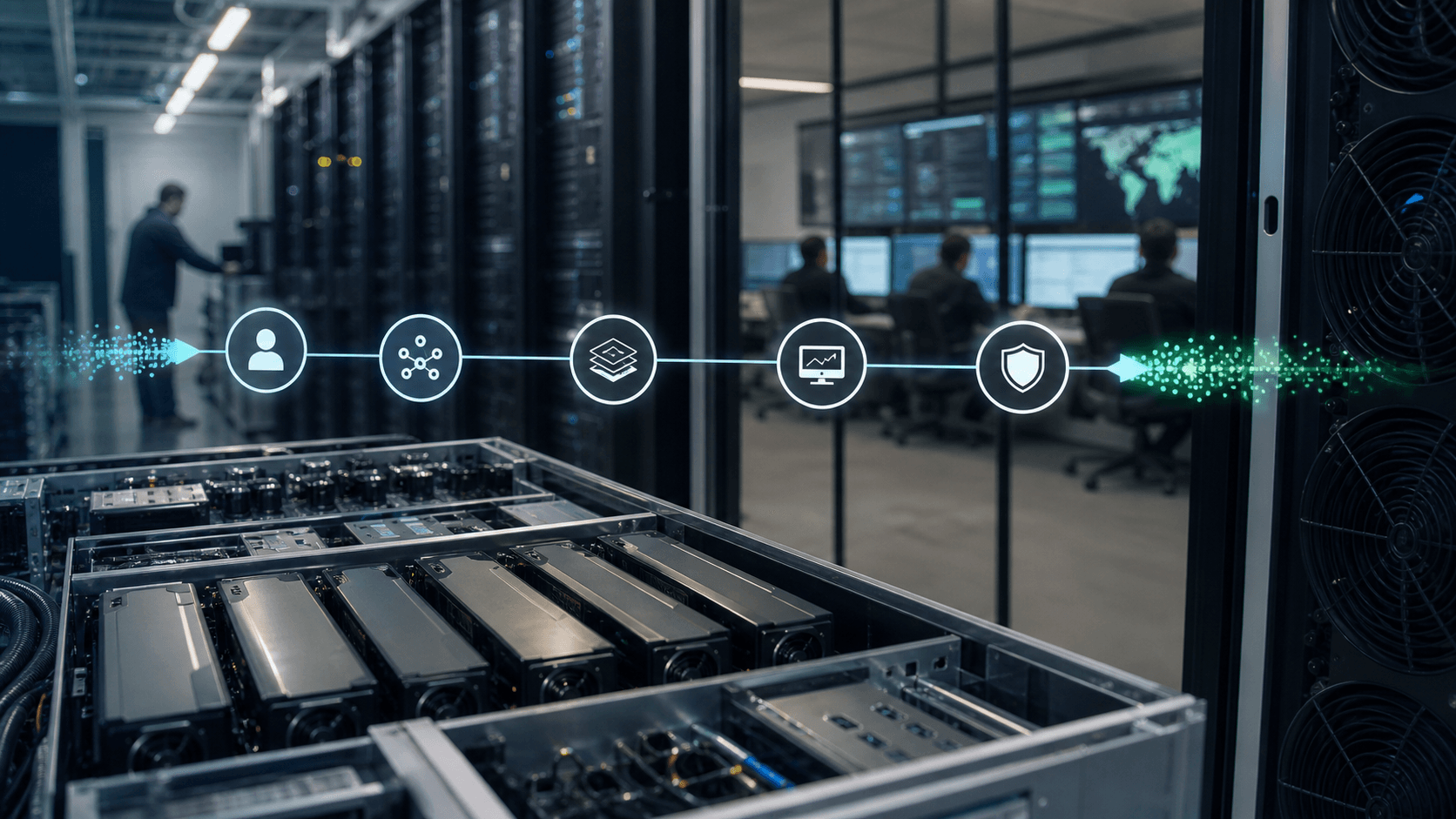 AI infrastructure facility with accelerator servers, cooling hardware and abstract workload path showing capacity allocation, monitoring and recovery checks.