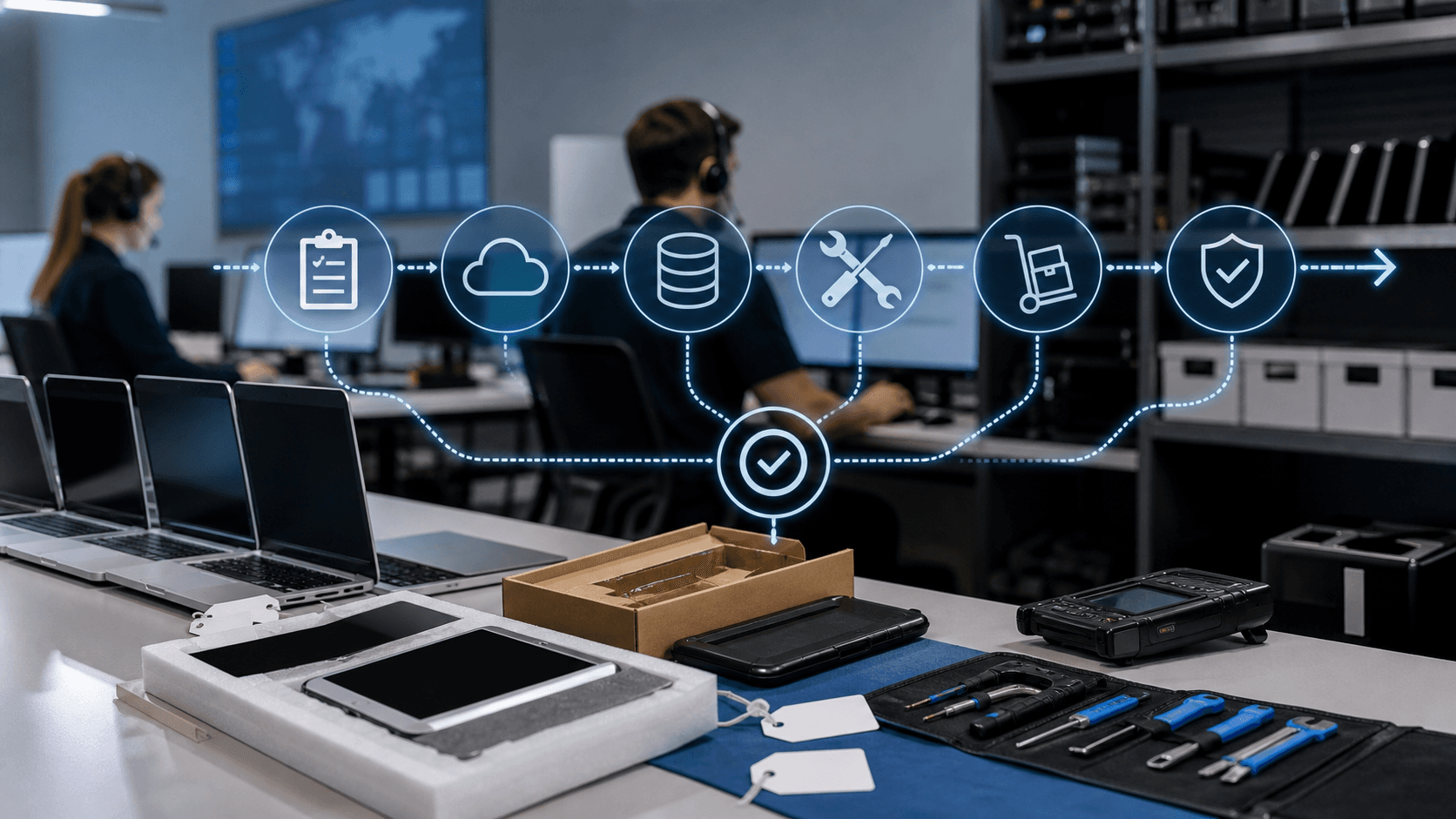 Managed IT lifecycle bench with laptops, tablets, repair tools and abstract asset-to-cloud-to-support workflow icons for an Australian technology service record.