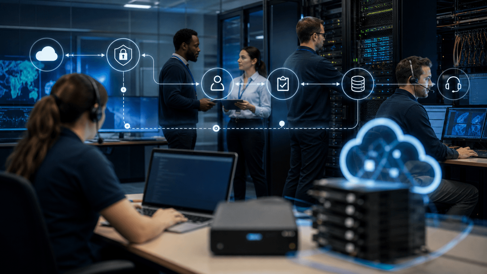 Managed cloud operations room with server racks, backup devices, service-desk staff and abstract private-cloud security workflow icons for a UK managed service record.