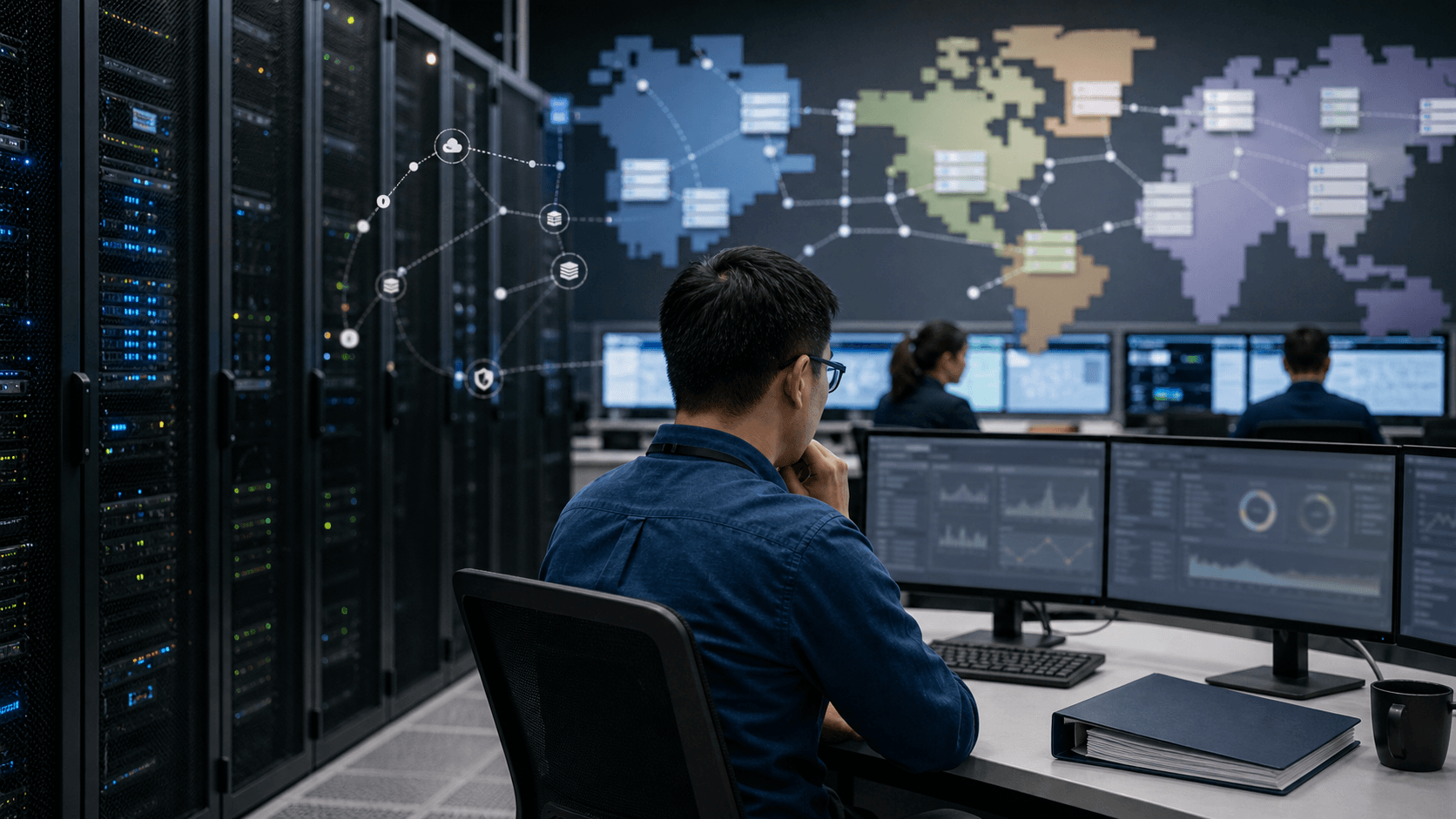 Cloud operations room with server racks, blurred regional workload board and engineers reviewing recovery and control evidence.