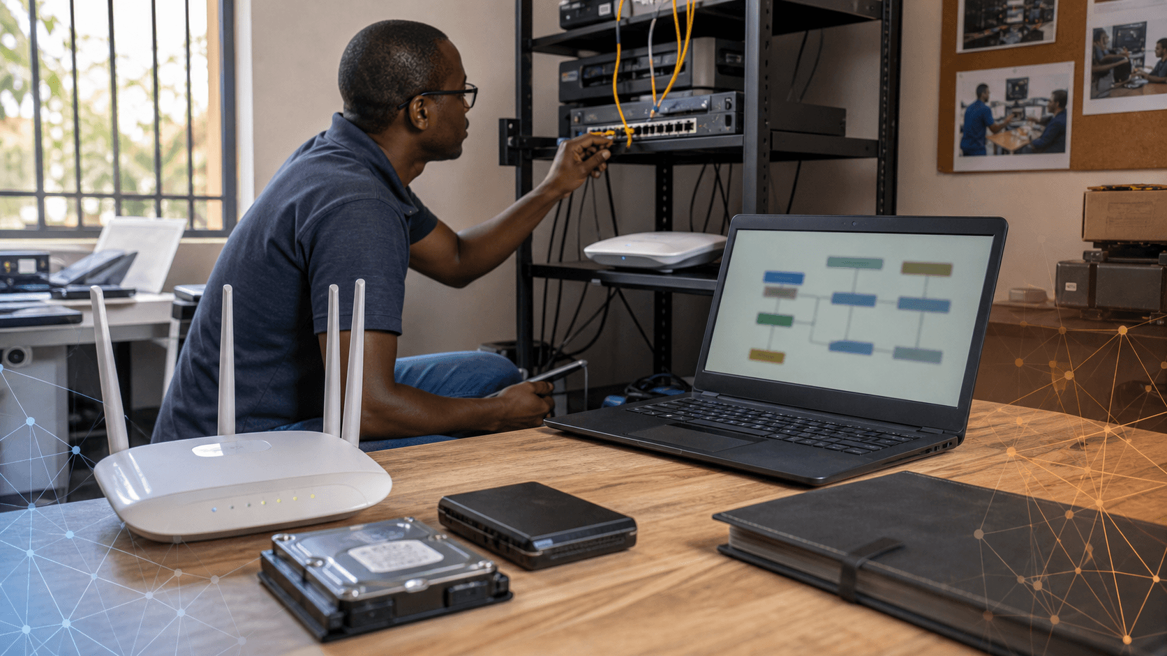 Local technology support office with technician, router shelf, backup media and blurred infrastructure workflow on a laptop.