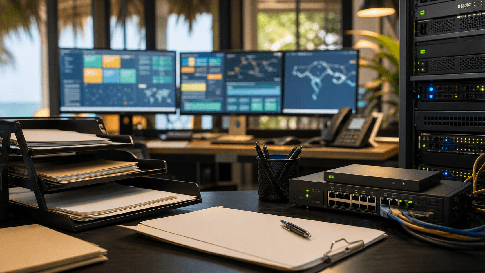 Editorial image of a hosting operations workspace with network gear, blank customer files and blurred monitoring screens.