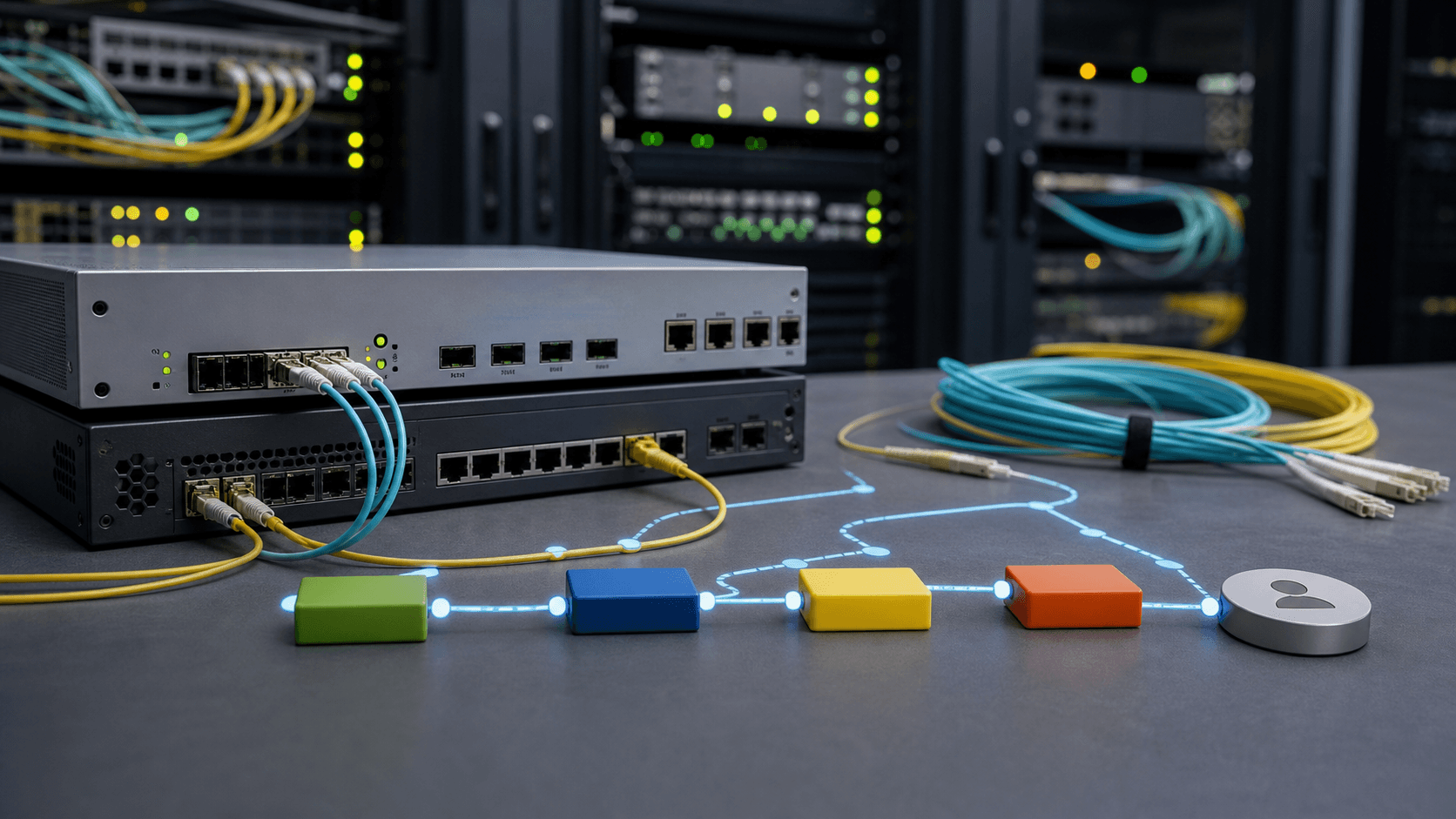 Editorial image of an unbranded managed-network operations bench with routers, fiber cables and change-control blocks.