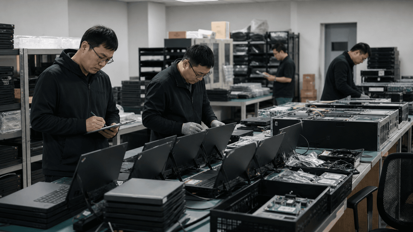 Technicians review laptops, edge devices and maintenance records in an enterprise IT operations room.