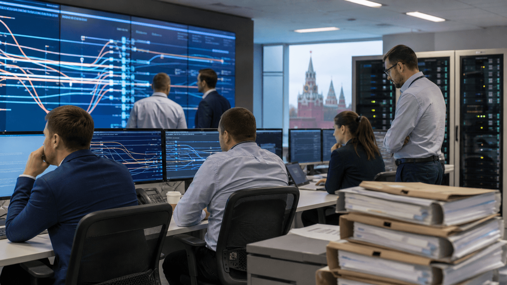 Payment-operations staff monitor abstract transaction flows during a banking infrastructure migration.
