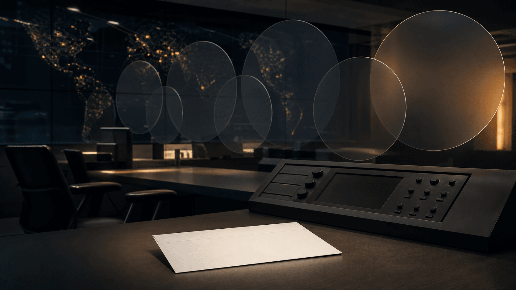 A sealed compliance letter rests beside an unmarked network operations console while layered translucent clocks show different response windows.