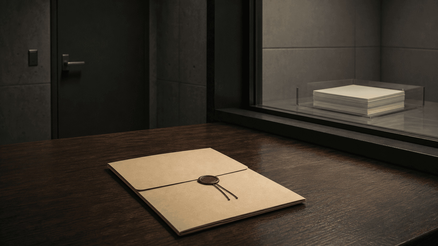 A sealed decision folder lies on a table while a later stack of blank explanatory papers remains visibly separate behind glass.