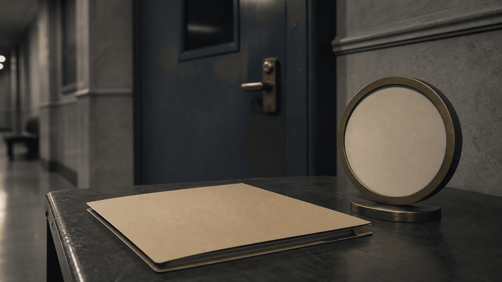 A closed evidence folder sits beside a paused clock on an institutional table, with the review door still locked in the background.