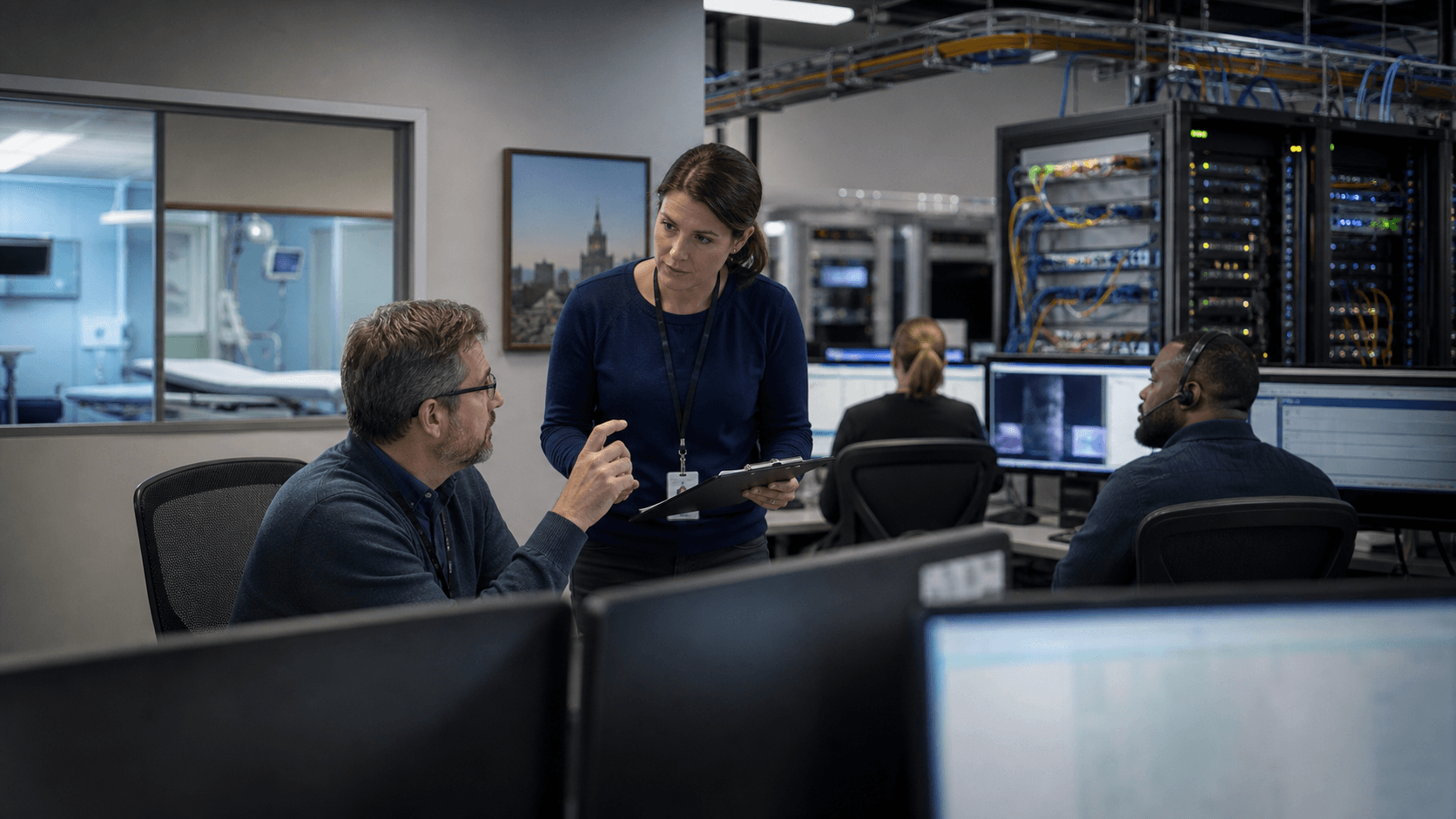 Enterprise software support operations room with network racks, cable trays and blurred healthcare workflow cues.