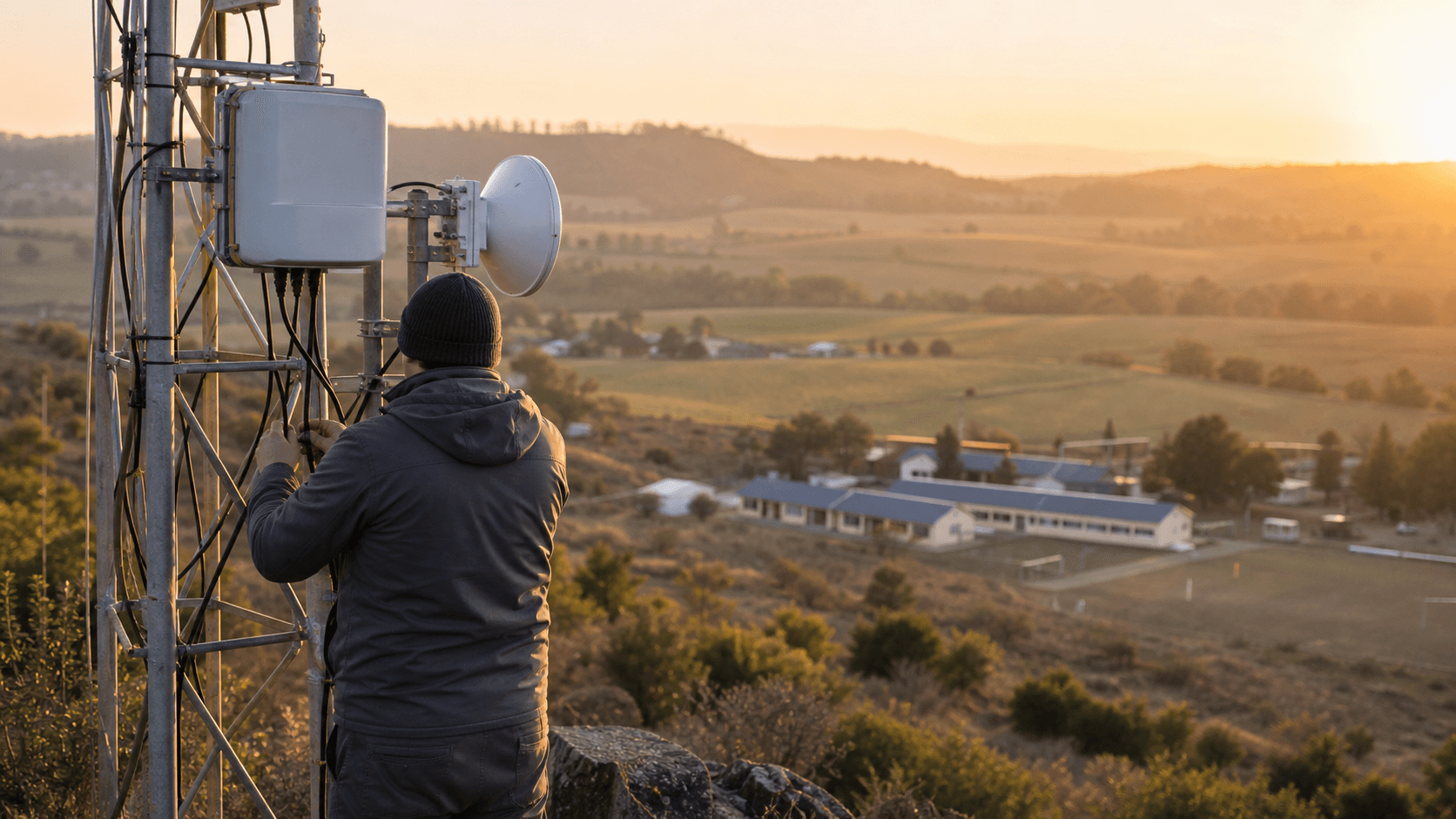 Chilean rural connectivity hillside with communications tower, fixed-wireless antenna equipment and technician.