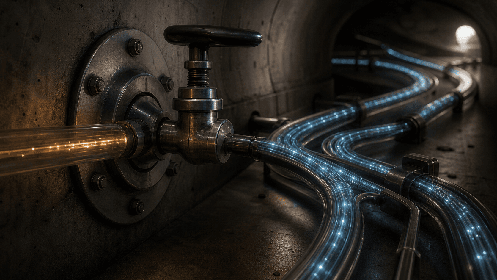 A precision valve constrains one narrow conduit while a wider network of illuminated fibre lines continues operating in a dark institutional chamber.