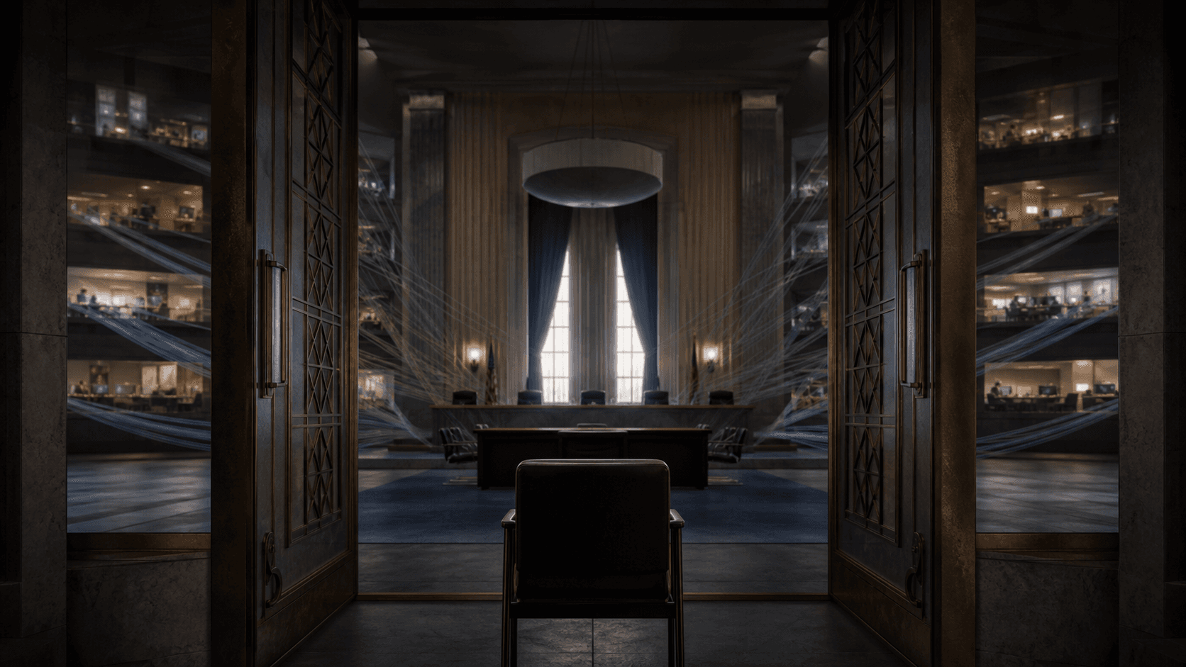 An empty witness chair faces a closed institutional chamber while layered fibre connections extend toward many occupied workspaces beyond the room.