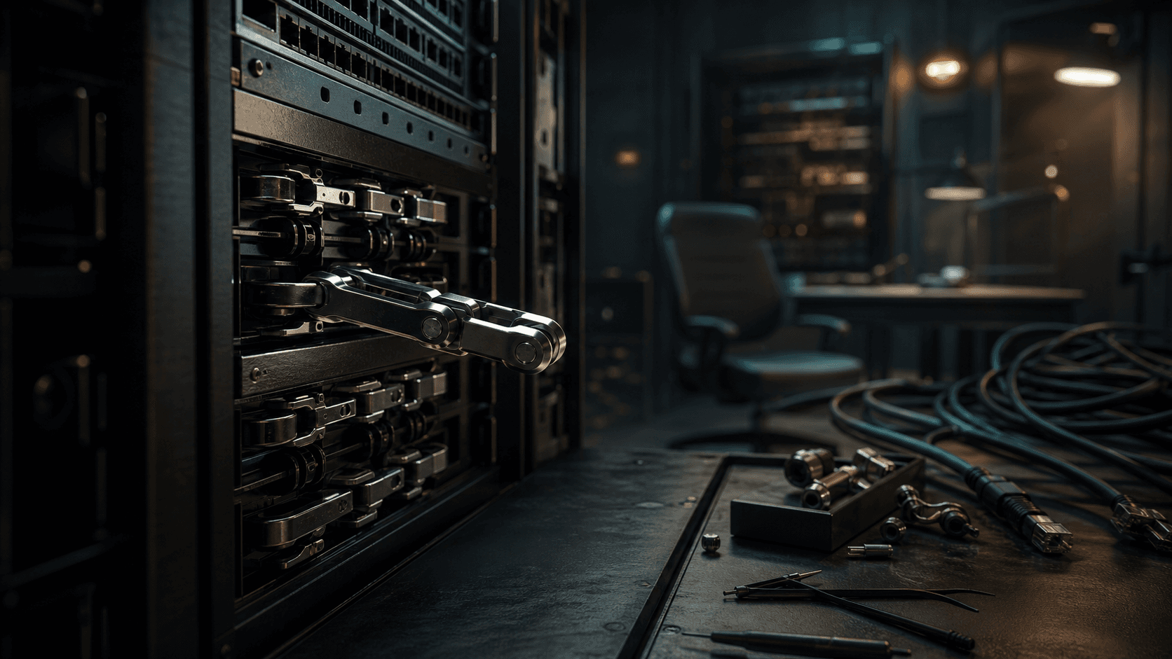 A restored metallic link sits in a precise network mechanism while abandoned cables and an empty workspace remain beyond the repaired assembly.
