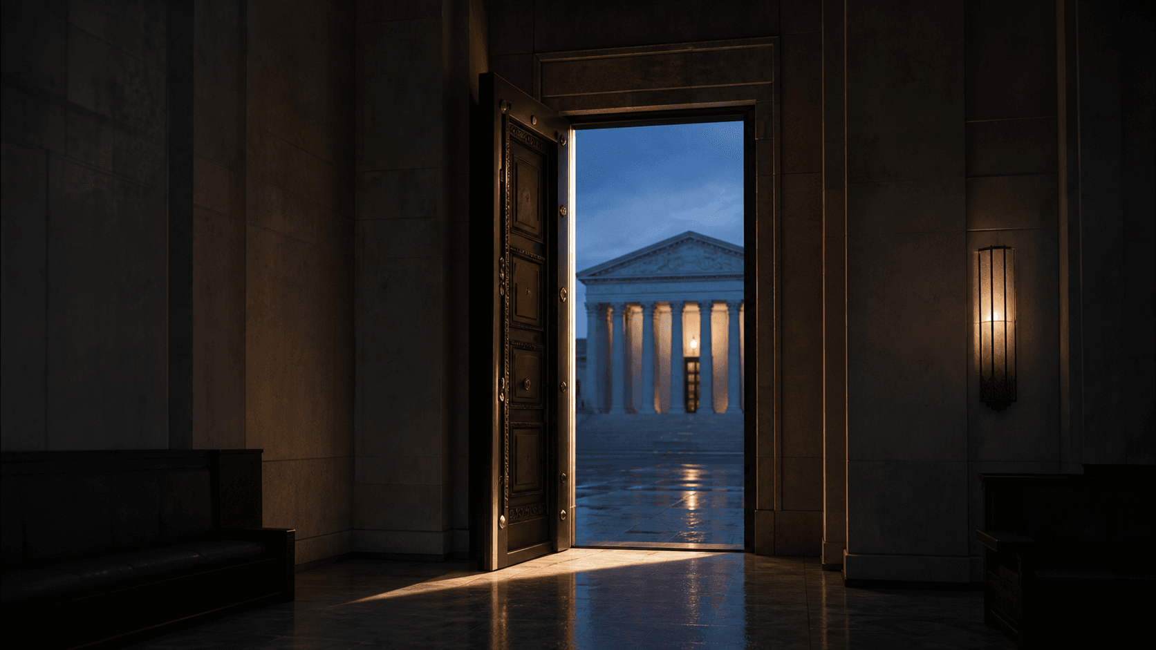 A sealed institutional chamber is held open by a narrow beam of light while a distant courthouse entrance remains visible beyond a rain-darkened plaza.