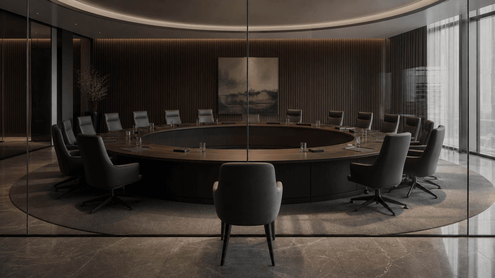 An empty circular board table is divided by a clear glass partition while one neutral chair faces the room from outside the circle.