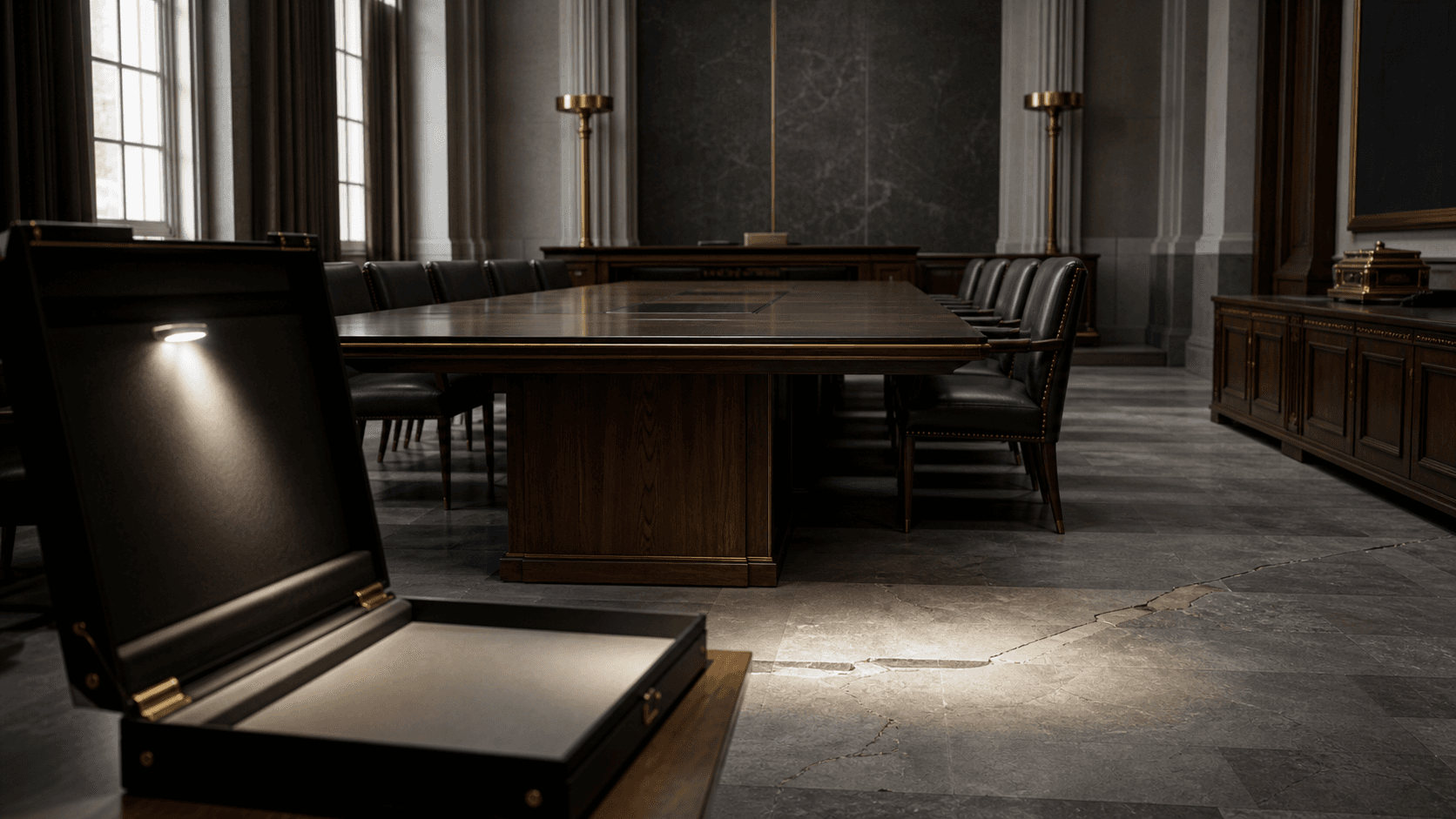 An empty institutional hearing room with a repaired break in a stone floor independently illuminated beneath an open evidence case.
