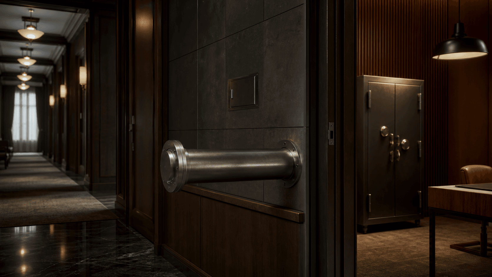 A sealed speaking tube branches away from a shadowed executive corridor toward an independently lit chamber.