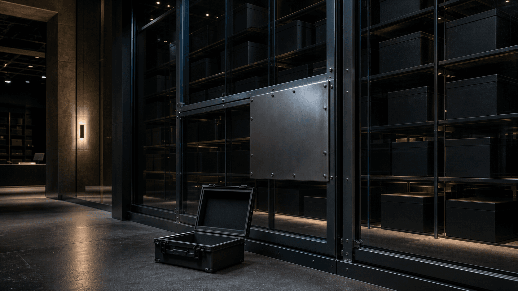 A breached secure archive has been resealed while one member's open protection case remains outside the repaired barrier.