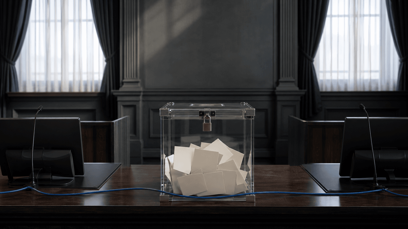 A sealed transparent ballot vessel sits between two empty workstations under calm judicial light, with a fibre cable continuing through the scene.