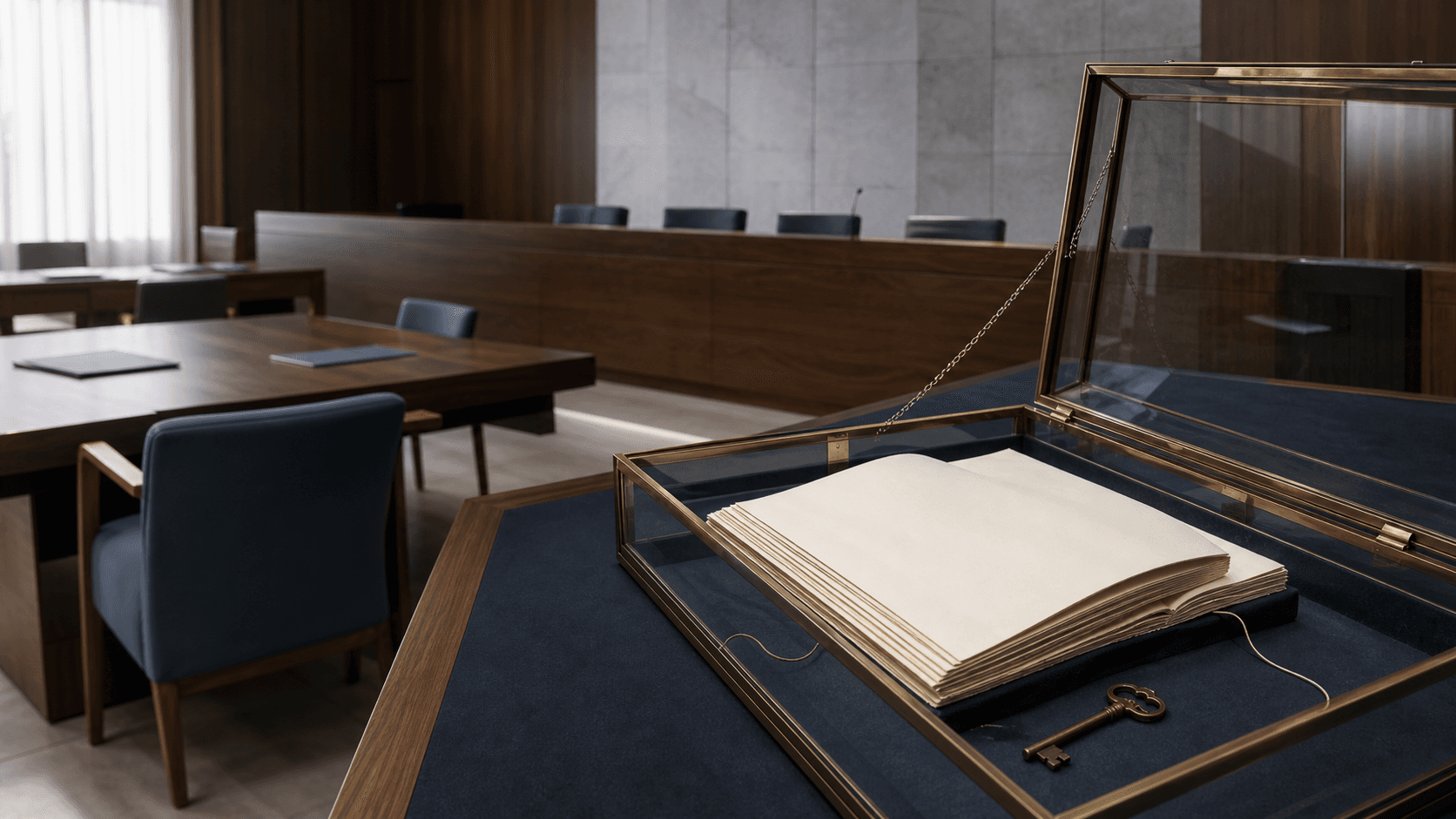 An open glass archive case holds blank accounting leaves, a brass key and a fibre strand beneath balanced courtroom light.