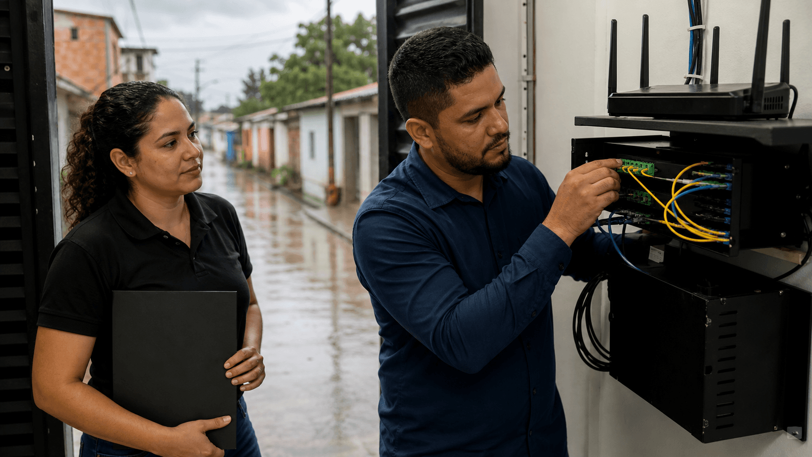 A technician checks fiber patch cords while a coordinator holds a blank folder near a rainy Brazilian street, illustrating NETLINK LTDA - ME service handoff.