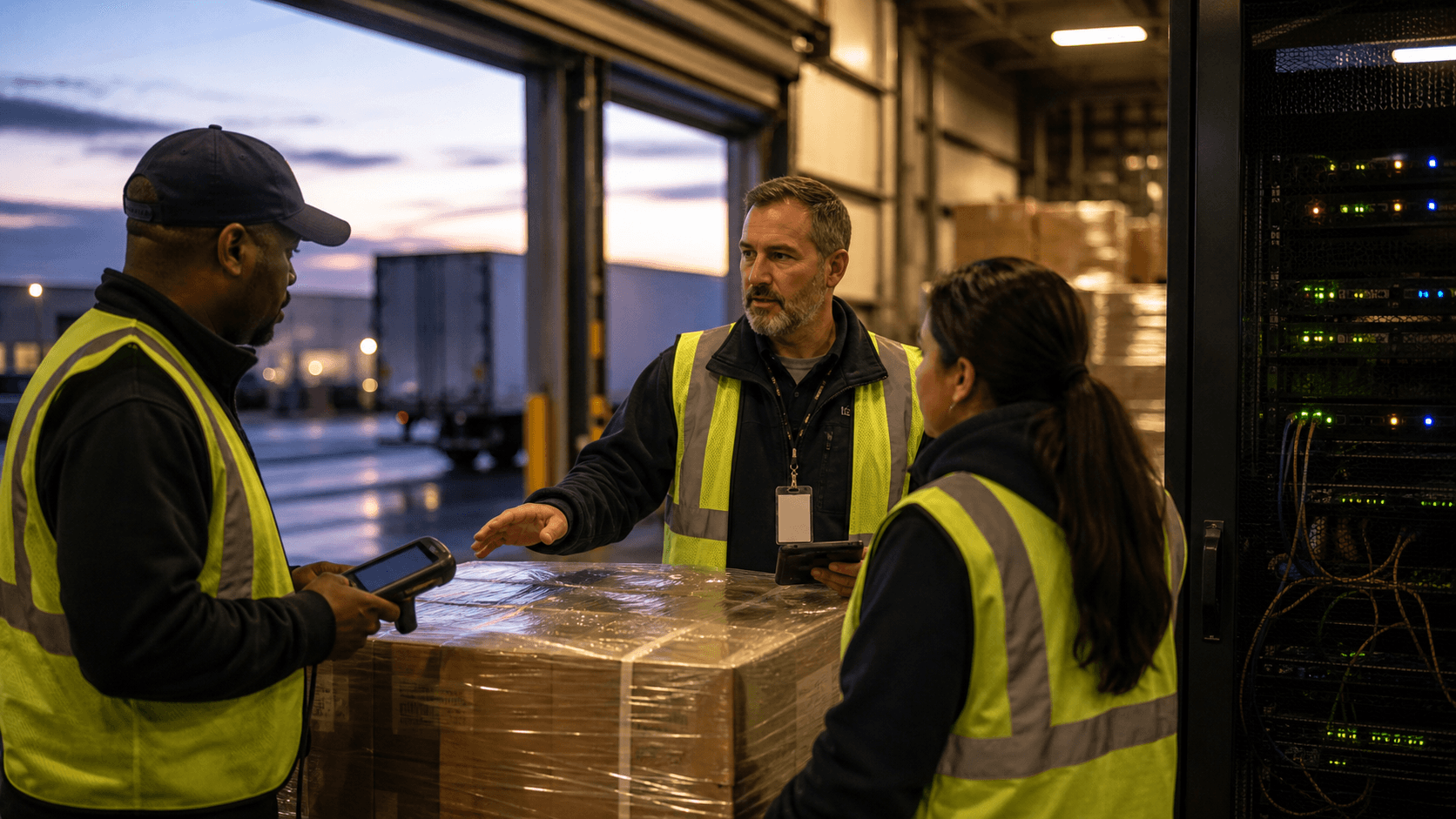 Warehouse staff coordinate sealed pallets beside a network cabinet, illustrating FXE Warehouse data-control and logistics records.