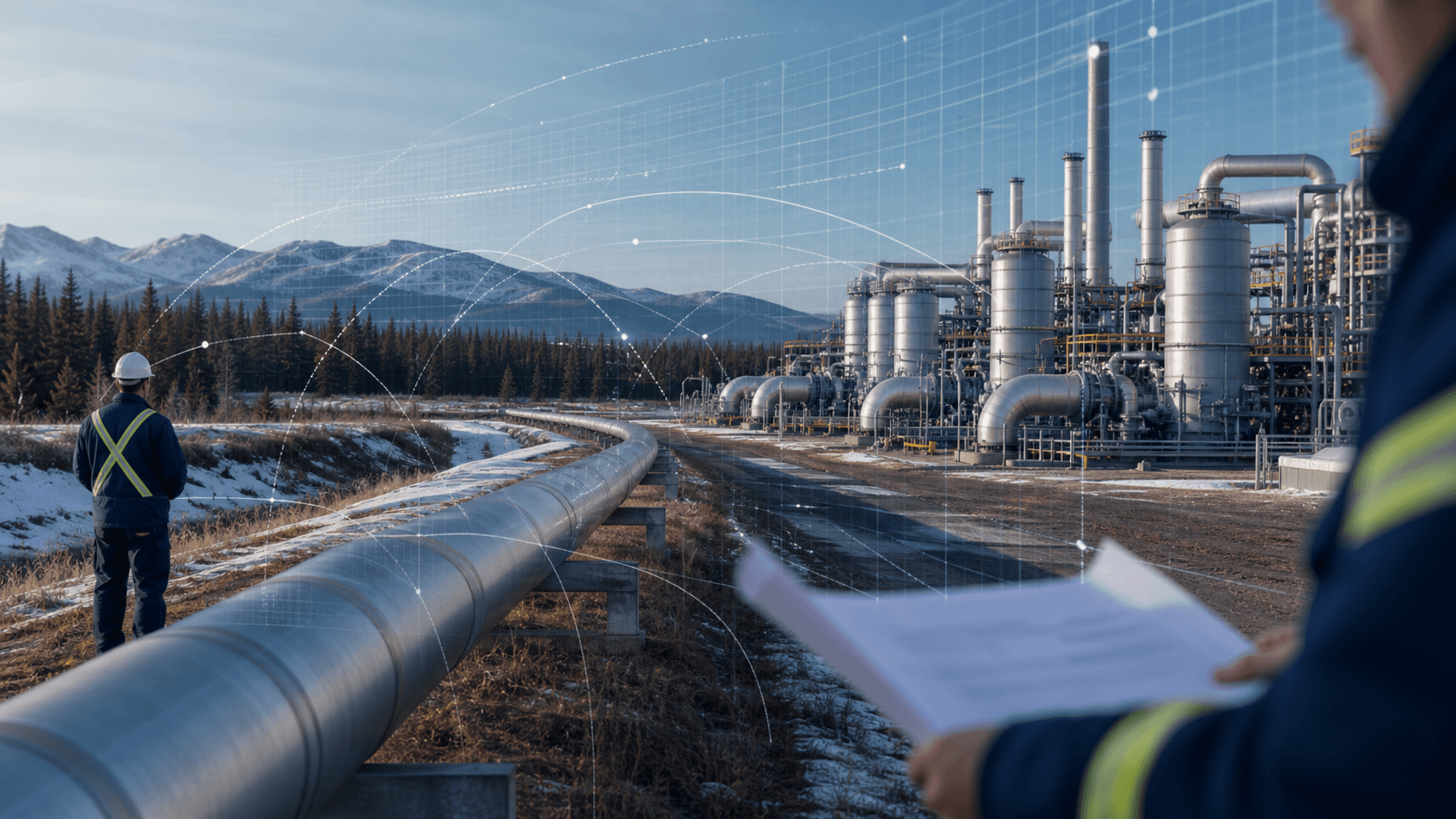 Field staff review blank records beside a Canadian gas pipeline corridor, illustrating Trans Canada Pipelines data-control evidence.