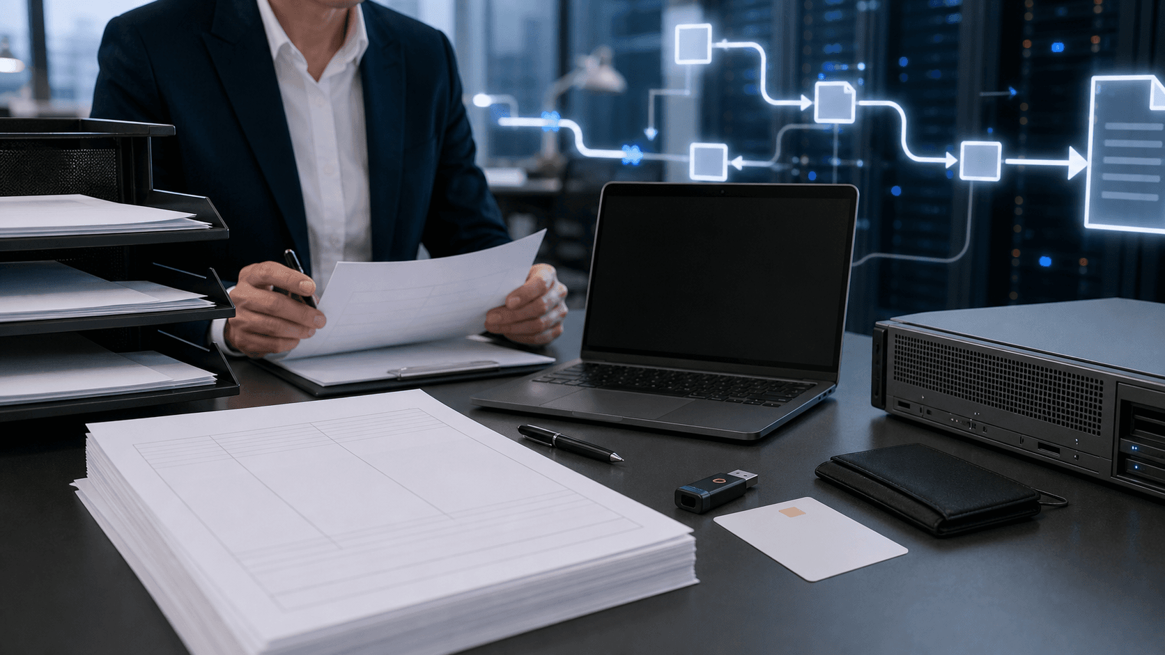 Blank finance forms, a security token and workflow paths show regulated invoice handoff, illustrating Efinans operations.