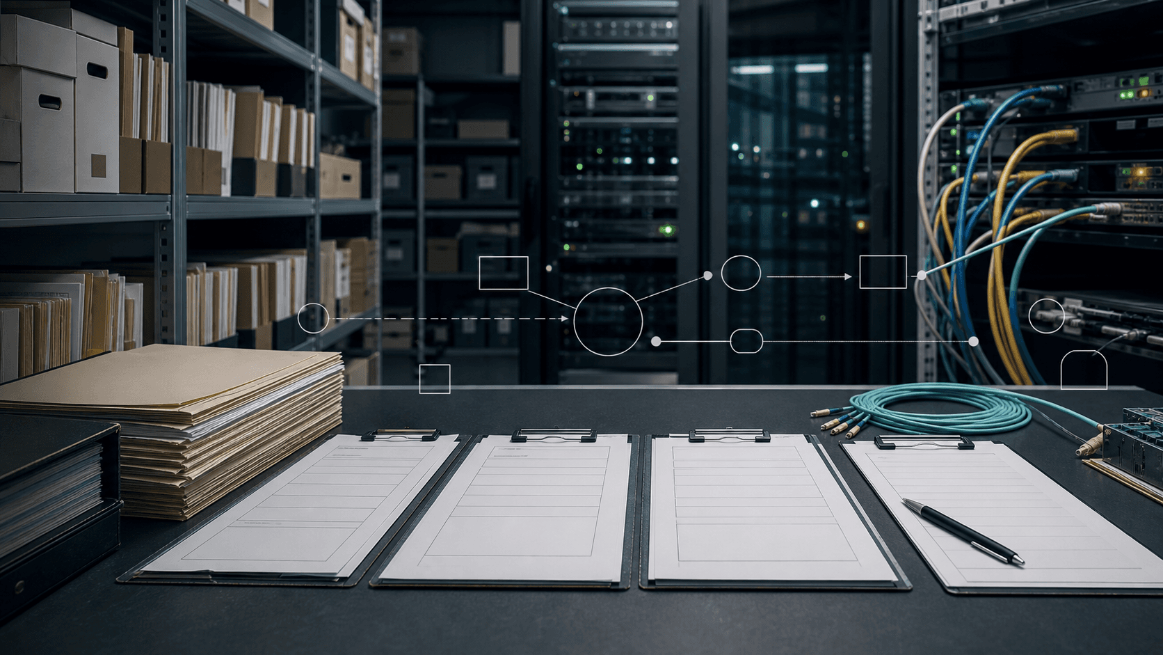 Registry folders, blank update forms and network cables frame public-resource accountability, illustrating RIPE Database Management.