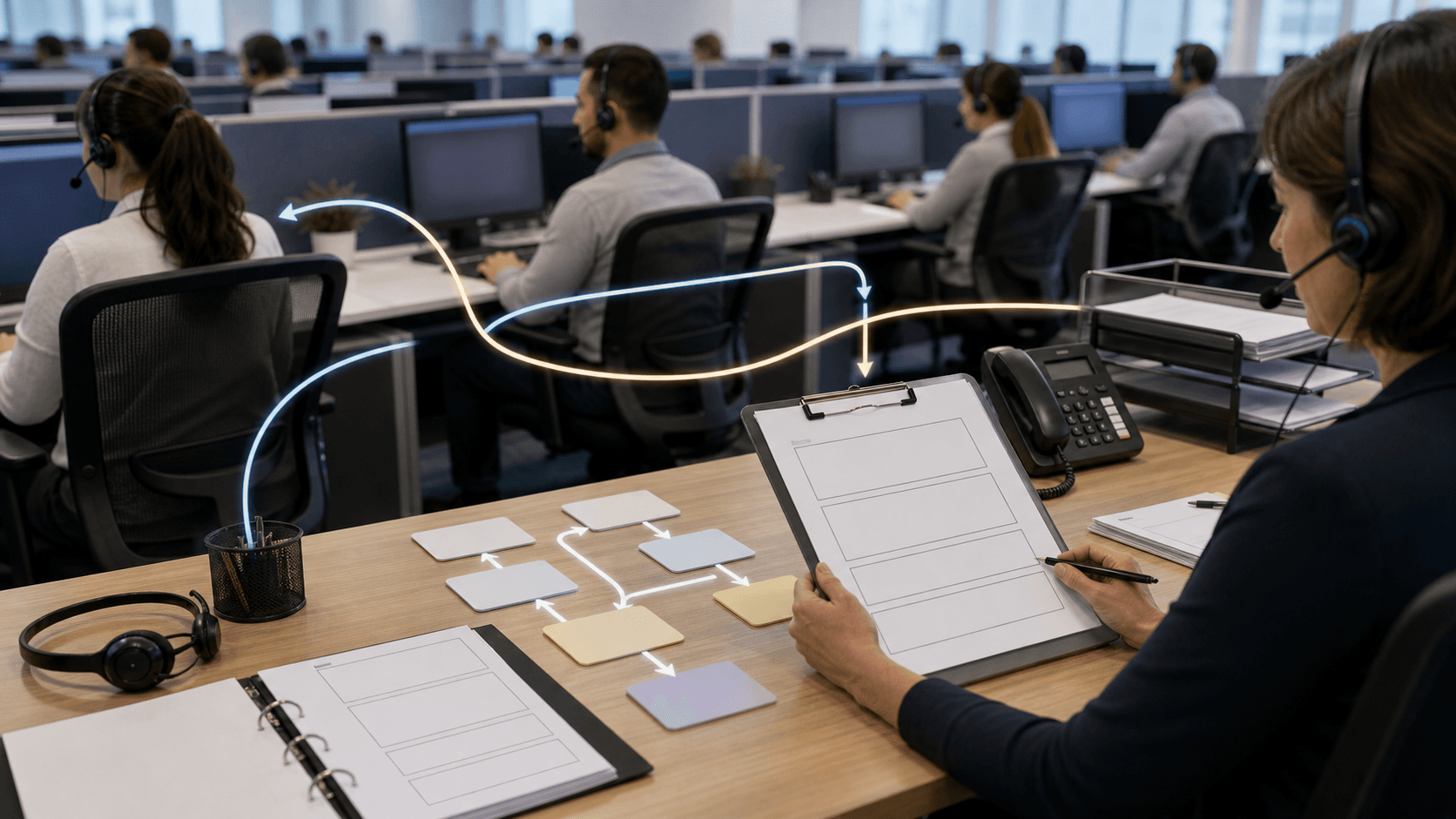Contact-centre staff and blank quality-review materials show service handoffs, illustrating Webhelp Cagri Merkezi workflow accountability.