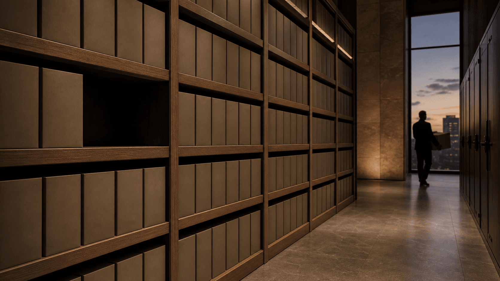 An unmarked closed case-file container is carried toward a shadowed secure cabinet while a bright public archive behind it contains one conspicuous empty bay.