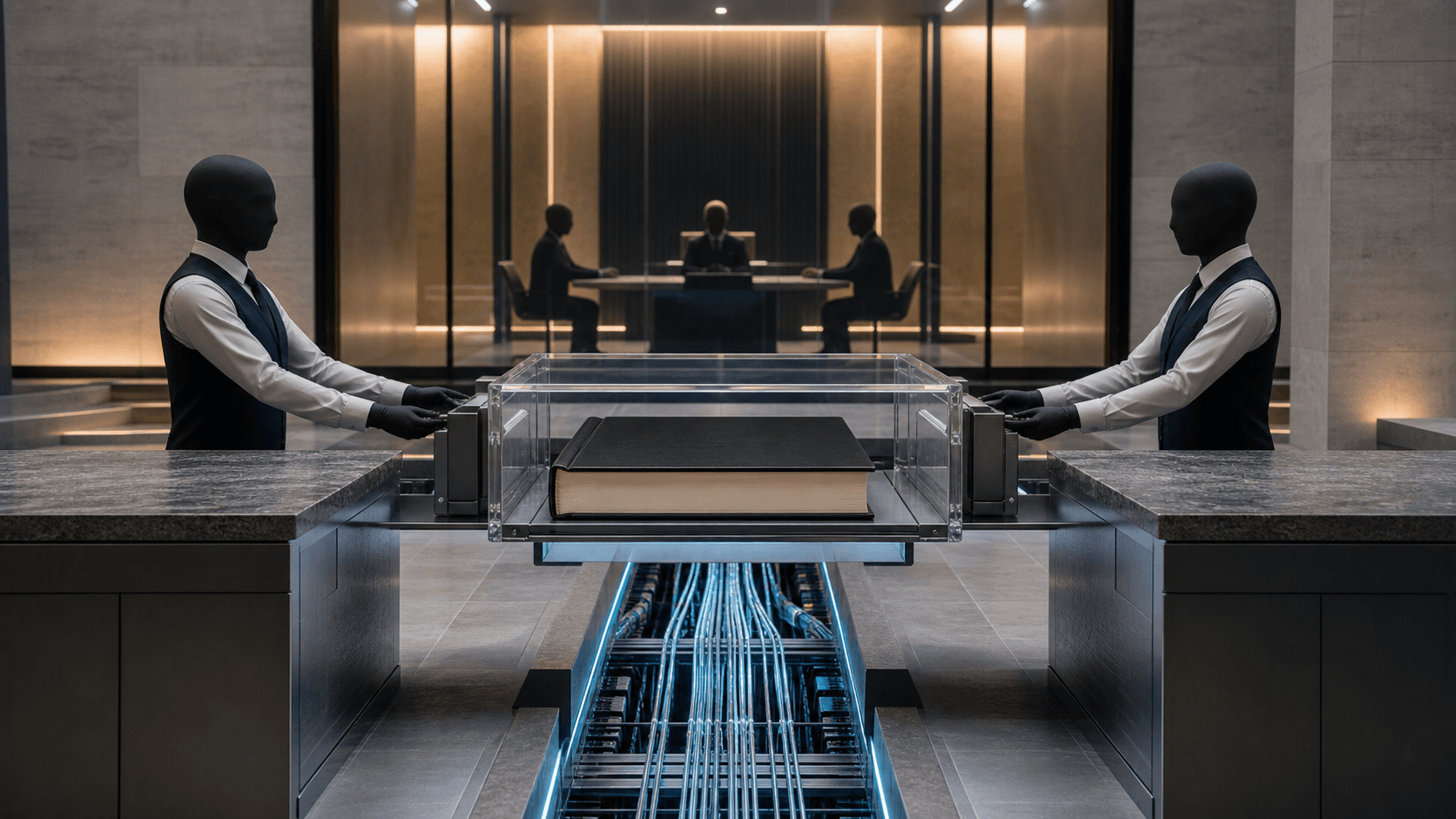 A protected archival ledger moves securely between two neutral service counters while a separate glass-walled dispute chamber remains isolated in the background.