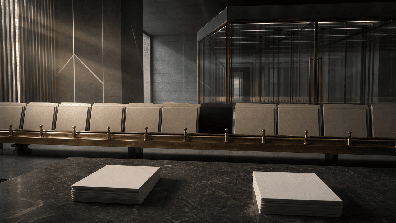 An austere archive room contains a chain of open allocation folders interrupted by a dark gap between a brass approval mechanism and a glass registry vault.