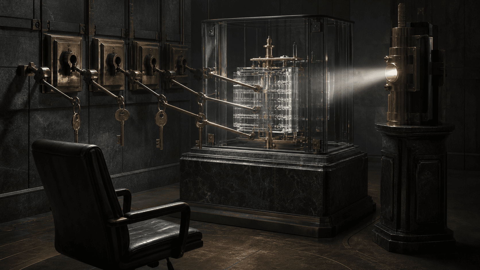 A solitary empty operator chair faces a layered mechanical access chamber where several unmarked brass keys converge on one transparent registry mechanism.
