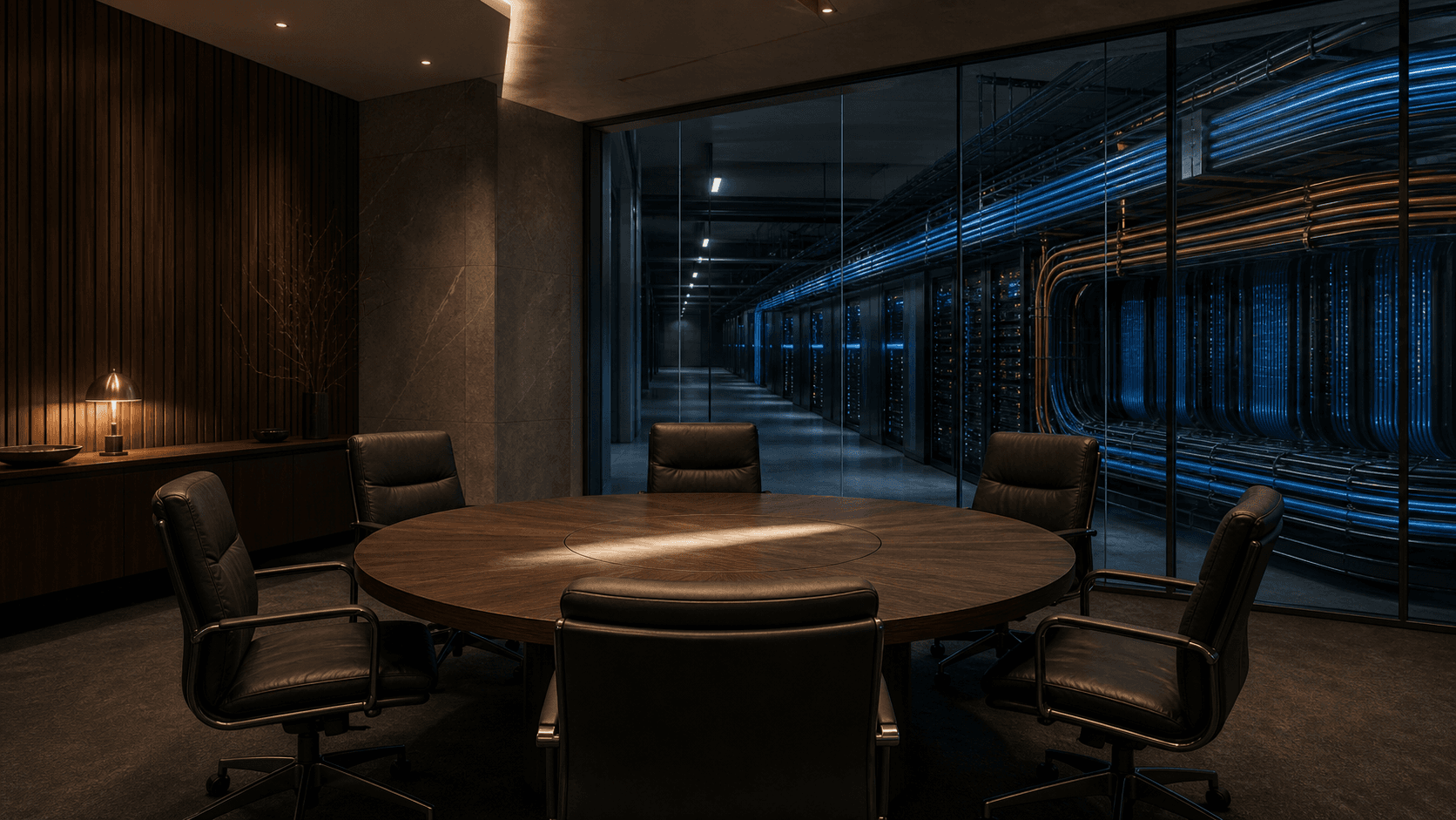 Five empty boardroom chairs face a precisely lit circular table while uninterrupted fibre conduits continue through a secure technical chamber beyond.